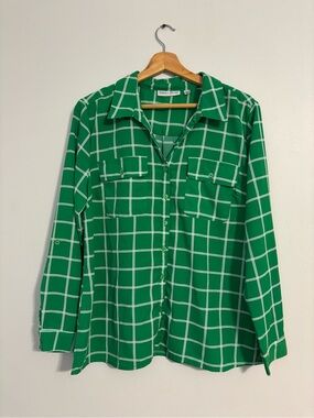 Rebecca Malone Green & White Windowpane Button-Up Blouse - Size Large